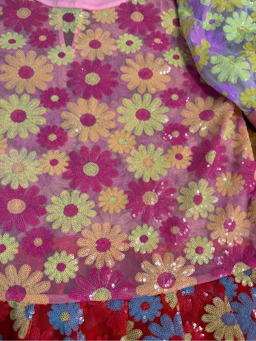 Queen of Sparkles Colorblock Daisy Sequin Dress Puff Sleeve Drop Waist Mini Med - Picture 2 of 10